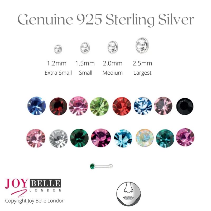 925 Sterling Silver Ball and Crystal Nose Studs (1.5mm) - Value Packs of 6 or 12