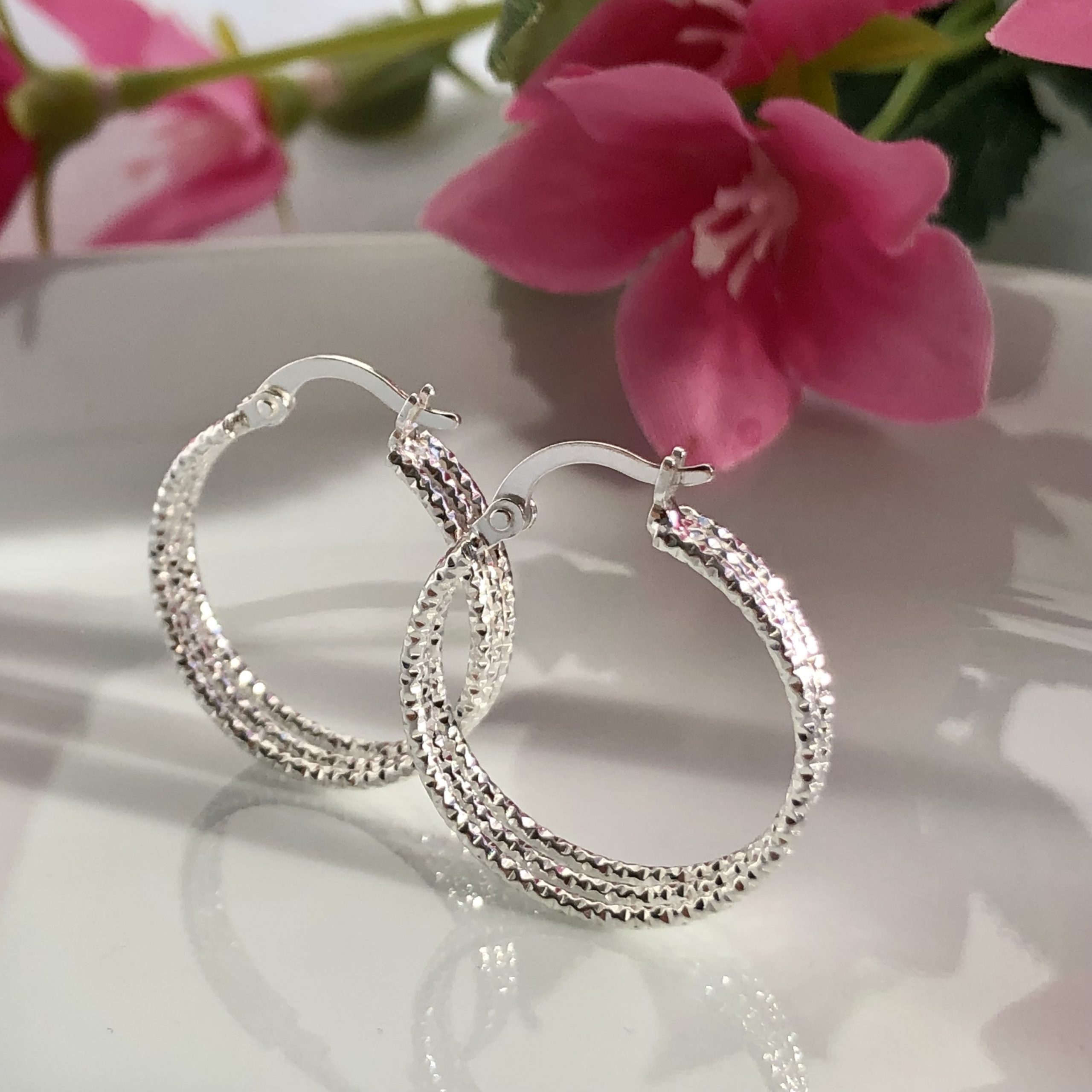 925 Sterling Silver Floral Hoop Earrings