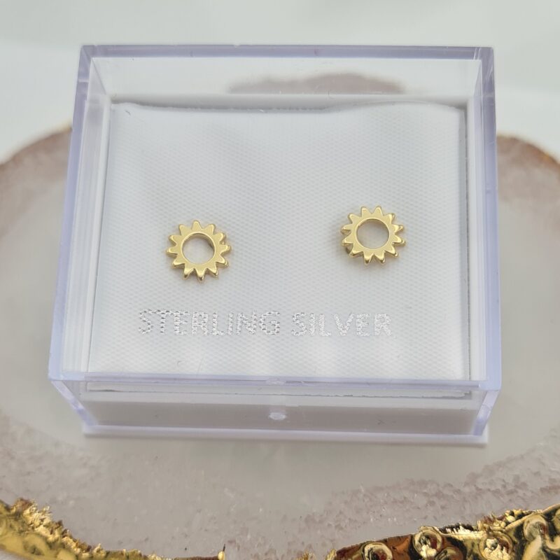 925 Sterling Silver Small Open Sunshine Stud Earrings Yellow Gold Pltd Gift Boxed - Image 2