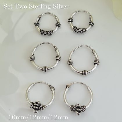 Set of Three 10mm/12mm 925 Sterling Silver Bali Ethnic Hoop Earrings