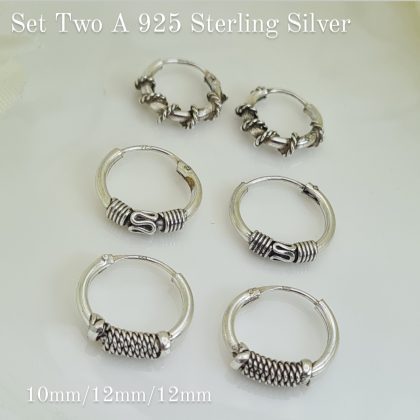 Set of Three 10mm/12mm 925 Sterling Silver Bali Ethnic Hoop Earrings