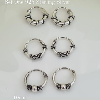 Set of Three 10mm 925 Sterling Silver Bali Ethnic Hoop Earrings