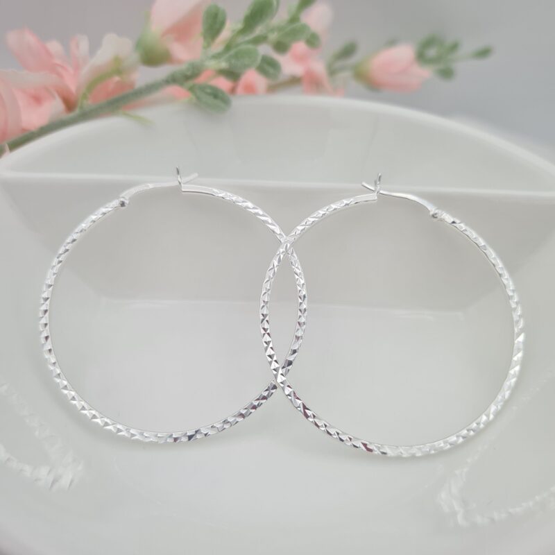 925 Silver Diamond Cut Hoop Earrings (50mm) - Image 7