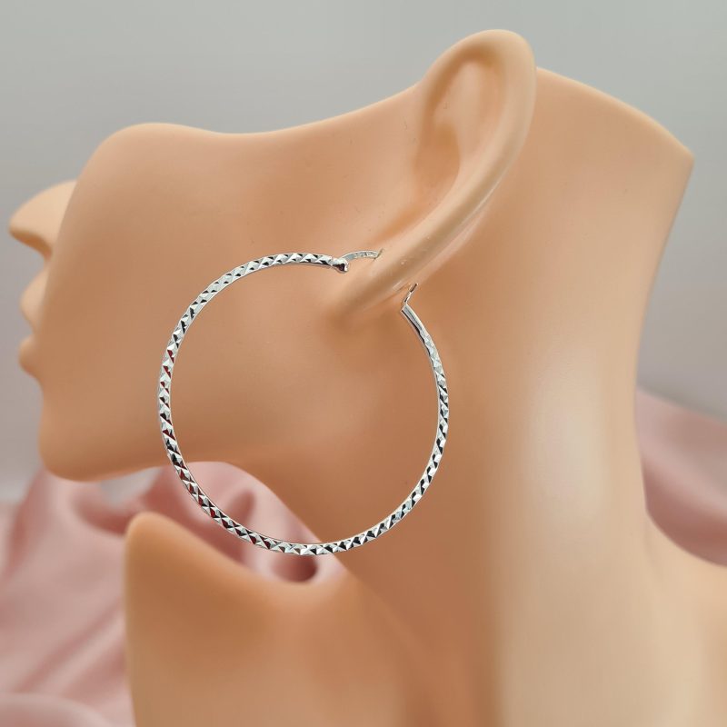 925 Silver Diamond Cut Hoop Earrings (50mm) - Image 3