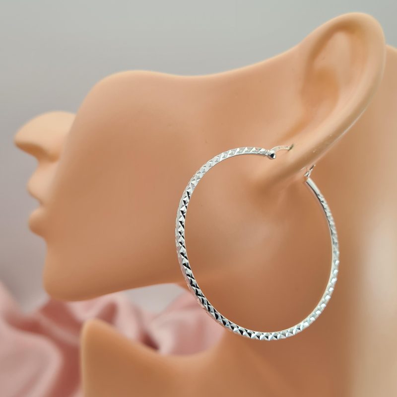 925 Silver Diamond Cut Hoop Earrings (50mm) - Image 4