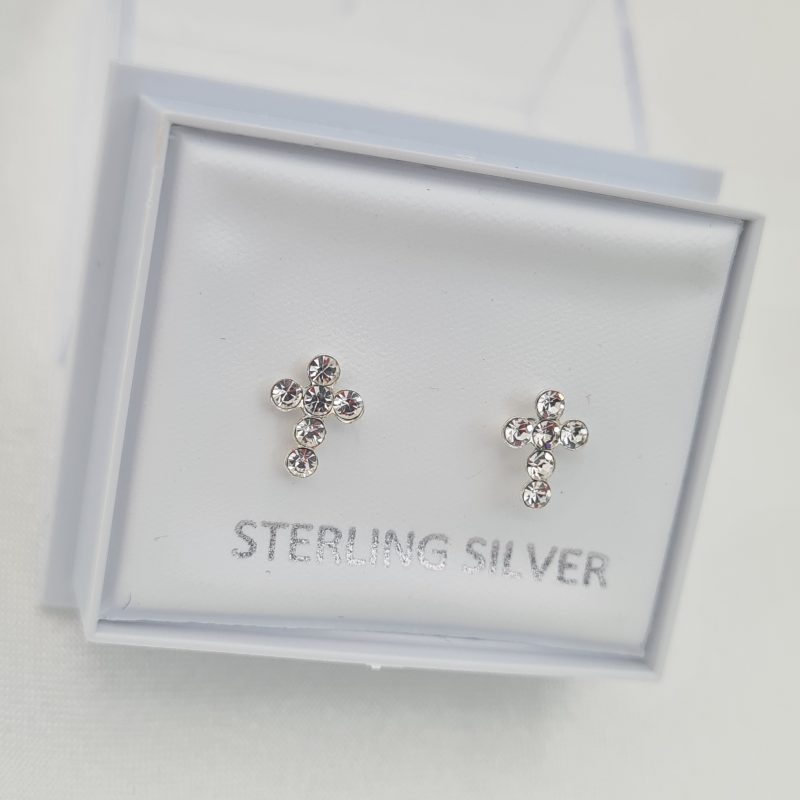 925 Sterling Silver Cubic Zirconia Girls Small Cross Stud Earrings - Image 2