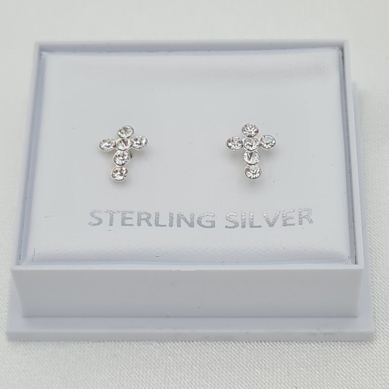 925 Sterling Silver Cubic Zirconia Girls Small Cross Stud Earrings - Image 3