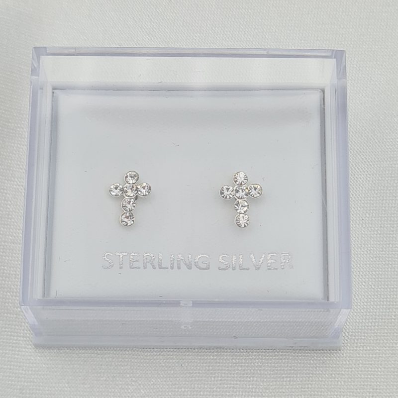 925 Sterling Silver Cubic Zirconia Girls Small Cross Stud Earrings - Image 5