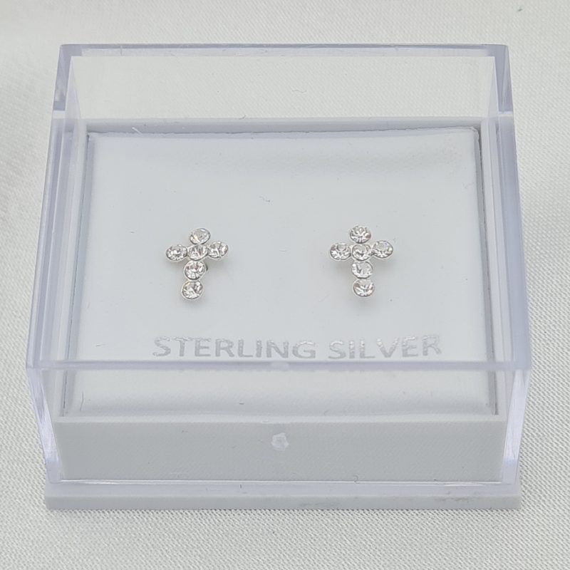 925 Sterling Silver Cubic Zirconia Girls Small Cross Stud Earrings - Image 4