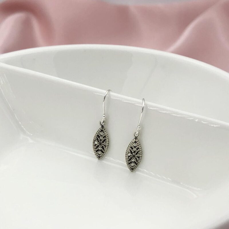 925 Sterling Silver Small Antique Marquise Hook In Bali Style Earrings - Image 2