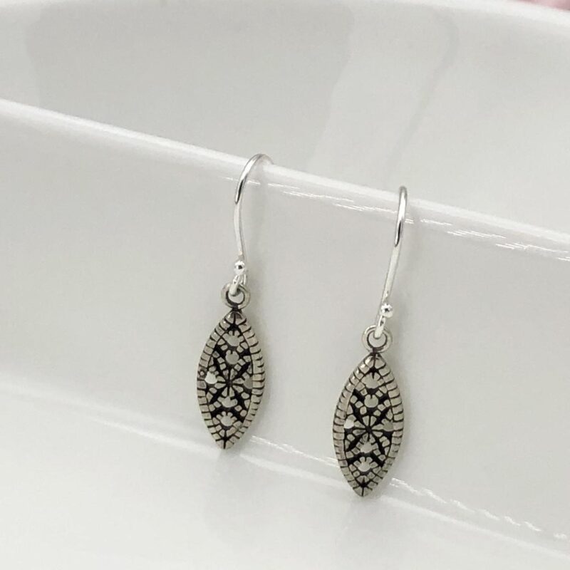 925 Sterling Silver Small Antique Marquise Hook In Bali Style Earrings