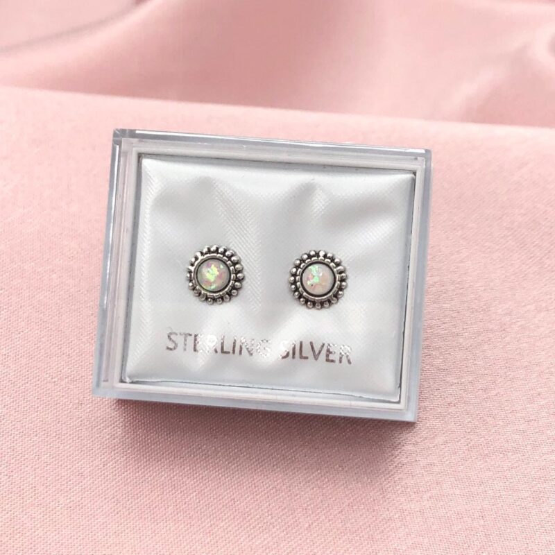 925 Sterling Silver Small Semi Precious White Opal Round Ear Stud Earrings Gift Boxed - Image 4