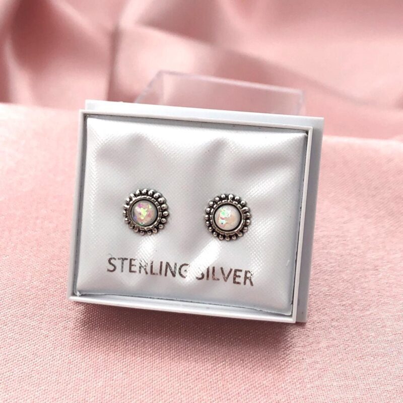 925 Sterling Silver Small Semi Precious White Opal Round Ear Stud Earrings Gift Boxed - Image 3