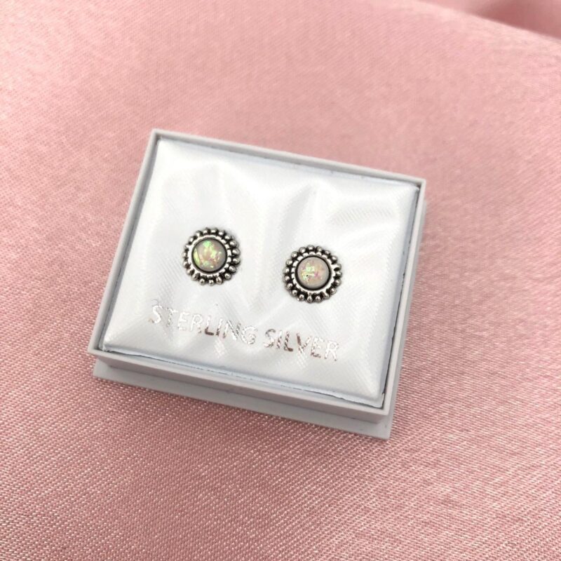 925 Sterling Silver Small Semi Precious White Opal Round Ear Stud Earrings Gift Boxed - Image 2