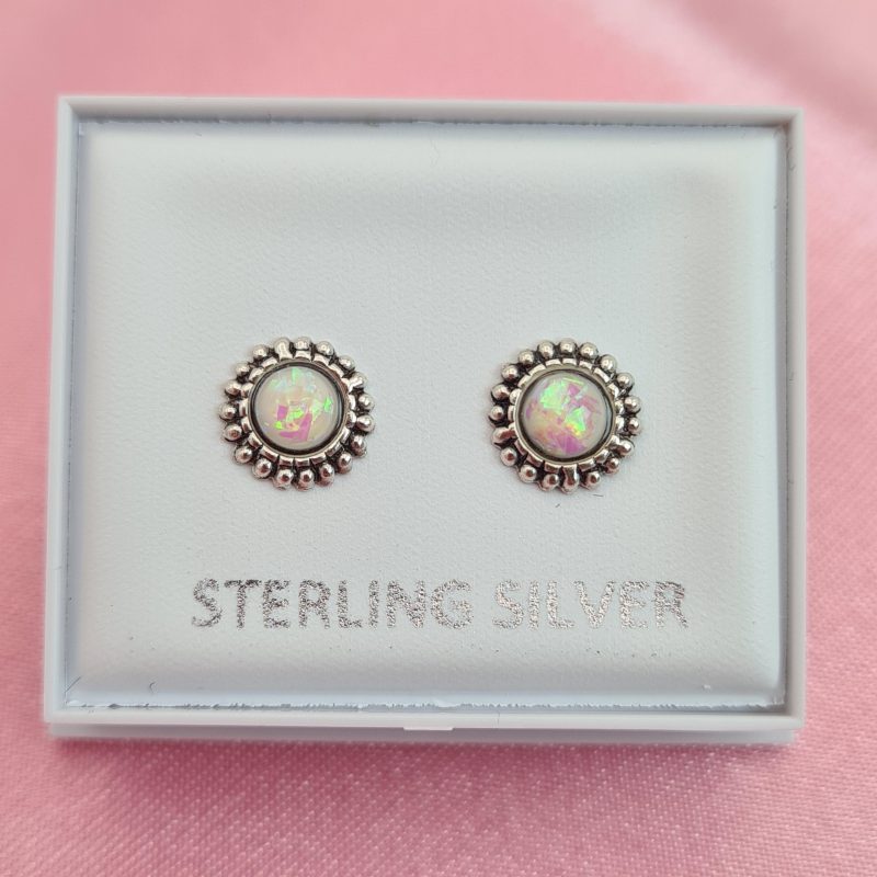 925 Sterling Silver Small Semi Precious White Opal Round Ear Stud Earrings Gift Boxed