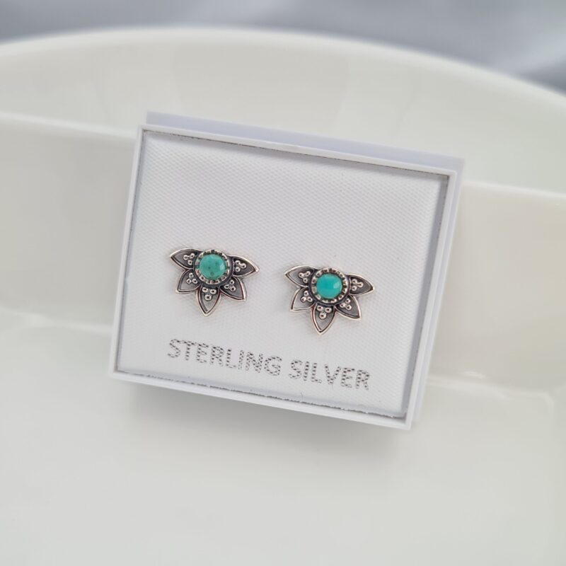 925 Sterling Silver Reconstituted Turquoise Lotus Flower Stud Earrings - Image 7