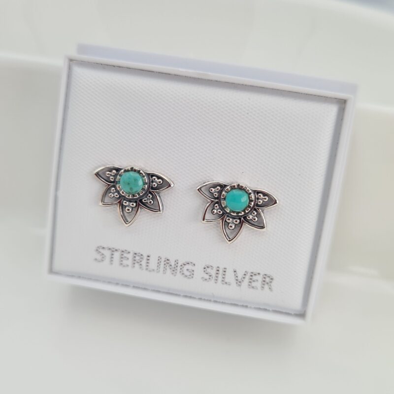 925 Sterling Silver Reconstituted Turquoise Lotus Flower Stud Earrings - Image 8