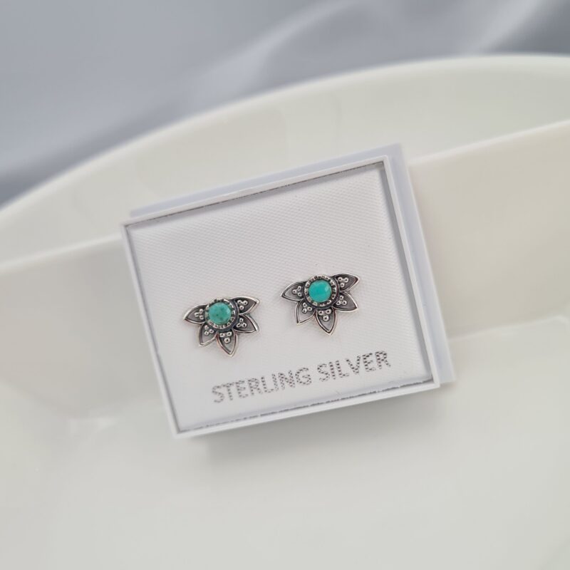 925 Sterling Silver Reconstituted Turquoise Lotus Flower Stud Earrings - Image 9