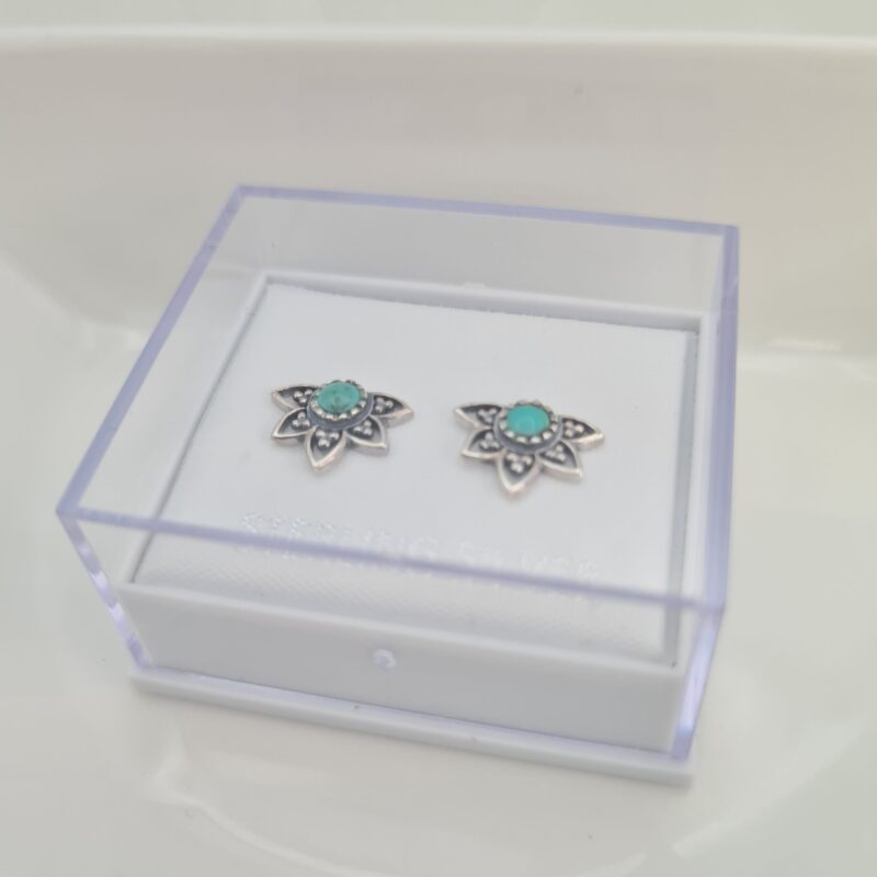 925 Sterling Silver Reconstituted Turquoise Lotus Flower Stud Earrings - Image 10