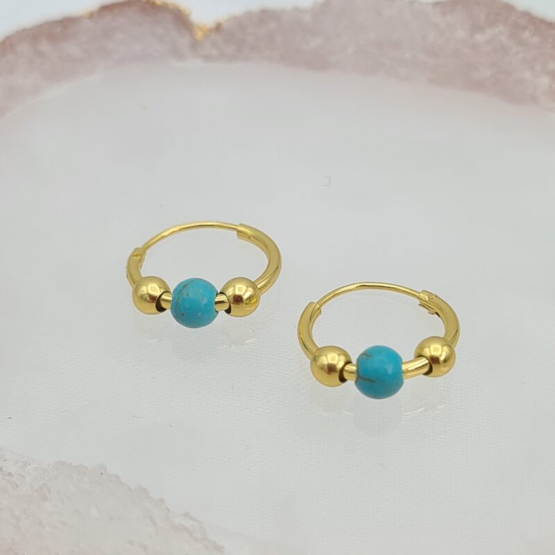 925 Sterling Silver Yellow Gold Plated Howlite Triple Ball Sleeper Hoop Earrings (12mm)