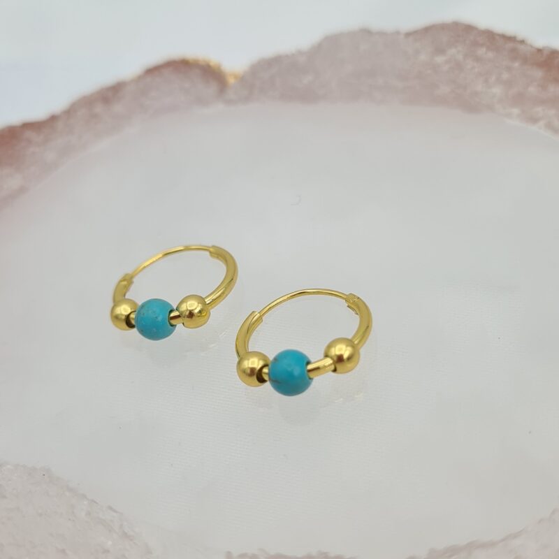 925 Sterling Silver Yellow Gold Plated Howlite Triple Ball Sleeper Hoop Earrings (12mm) - Image 3