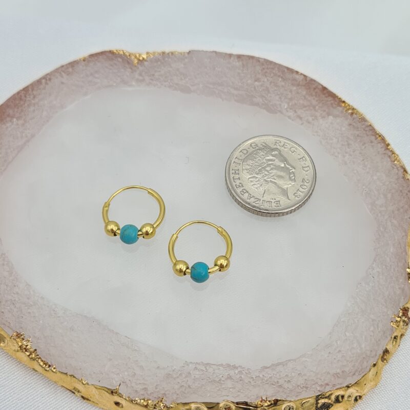 925 Sterling Silver Yellow Gold Plated Howlite Triple Ball Sleeper Hoop Earrings (12mm) - Image 2