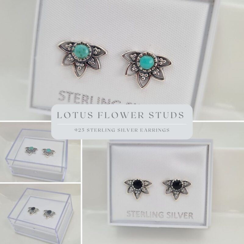 925 Sterling Silver Reconstituted Turquoise Lotus Flower Stud Earrings - Image 6