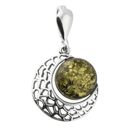 Silver Green Amber Moon Necklace