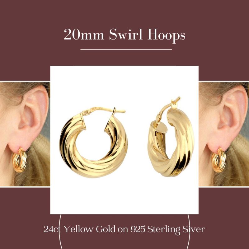 24ct Yellow Gold on 925 Sterling Silver 20mm Thick Swirl Hinged Hoop Earrings - Image 3