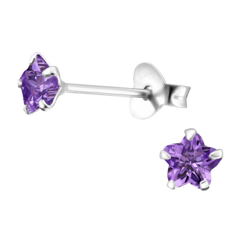 Silver Cubic Zirconia Amethyst Star Stud Earrings