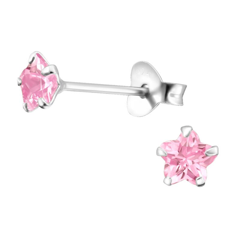 Silver Cubic Zirconia Pink Star Stud Earrings