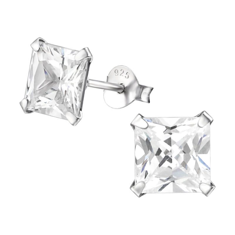 Silver Unisex 7mm Cubic Zirconia Square Stud Earrings