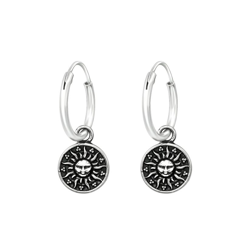 925 Sterling Silver 12mm Hanging Sun Hoop Earrings