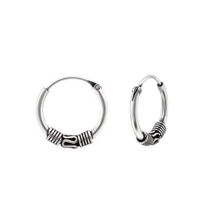 Silver Bali Ethnic Sleeper Hoop Earrings (12mm)