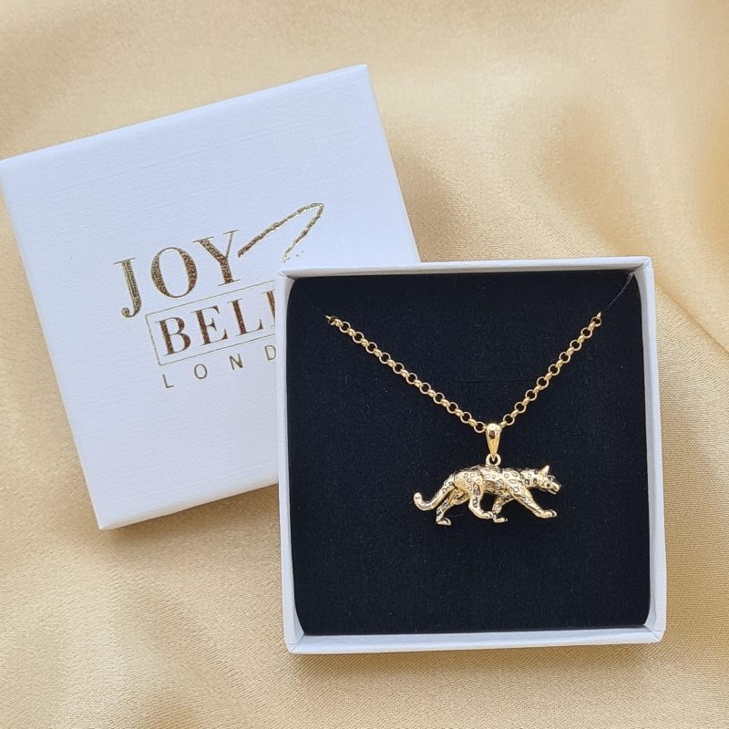 18ct Yellow Gold Leopard on 925 Sterling Silver Pendant on Belcher Chain