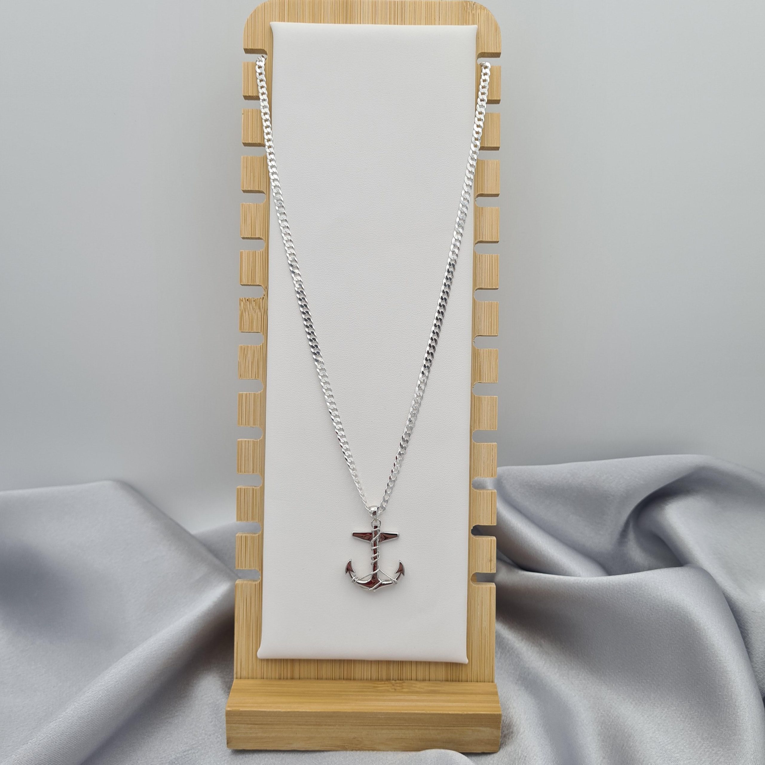 Unisex 925 Sterling Silver Large Anchor Pendant on Flat Curb Chain