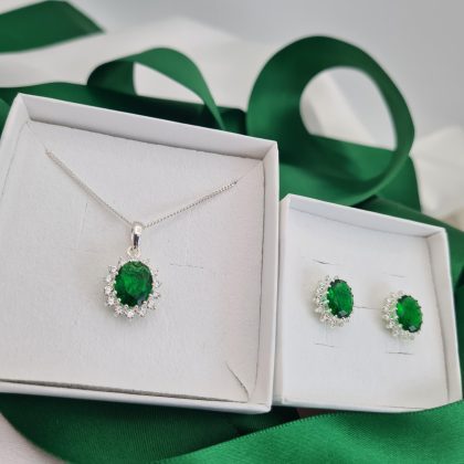 Silver Green Cubic Zirconia Oval Cluster Valentine Necklace & Earrings Set