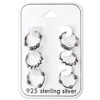 925 Sterling Silver Set of 3 Bali Ethnic Hoops on Display Card 12mm