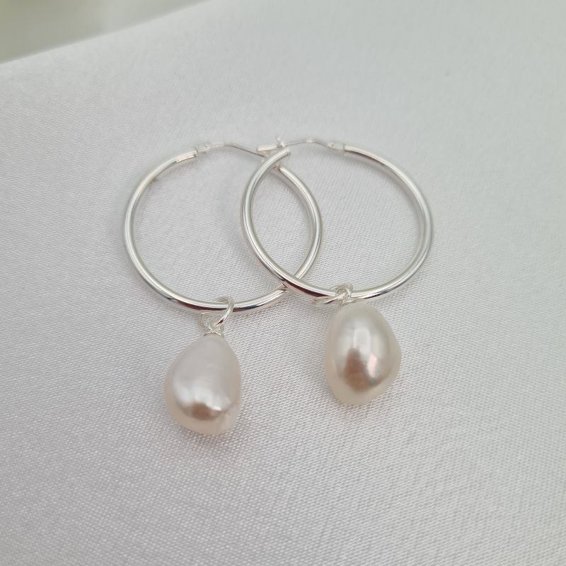 Sterling Silver 30mm Pearl Charm Lever Back Hoop Earrings