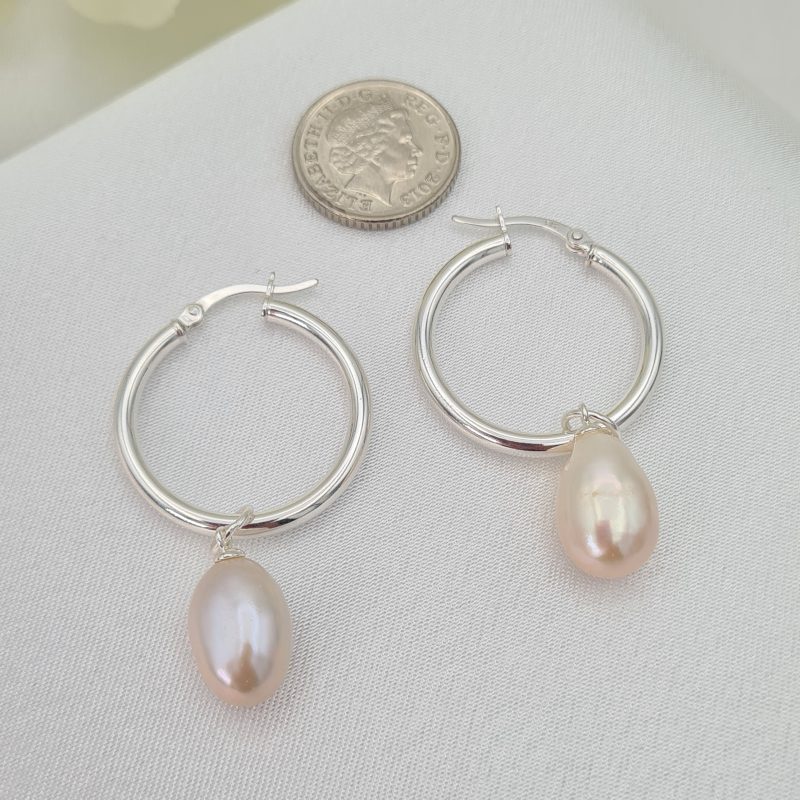 Sterling Silver 30mm Pearl Charm Lever Back Hoop Earrings - Image 7