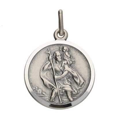 Sterling Silver Antique Finish St Christopher Pendant & Chain