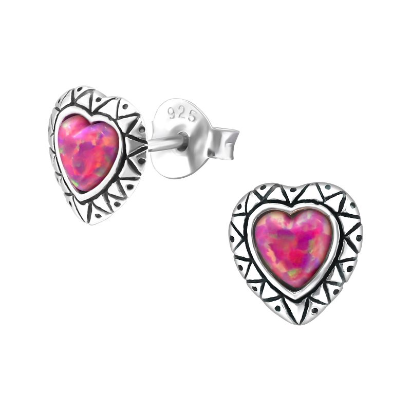 Semi Precious Lab Created Opal Heart Earrings (Carmine)