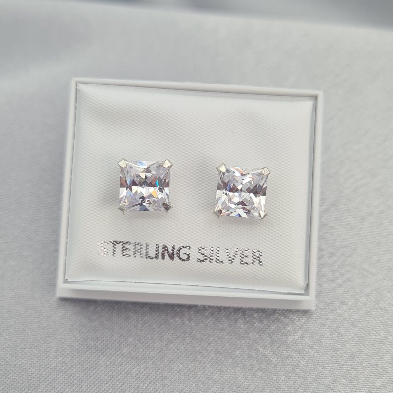 Men's Silver 7mm Square Cubic Zirconia Stud Earrings - Image 2