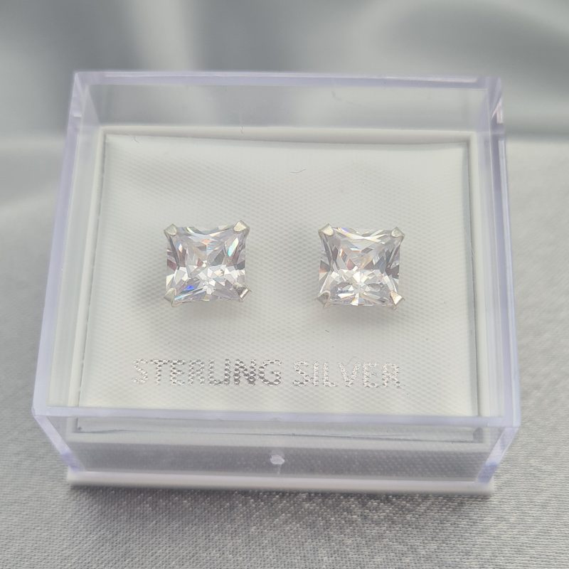 Men's Silver 7mm Square Cubic Zirconia Stud Earrings - Image 4