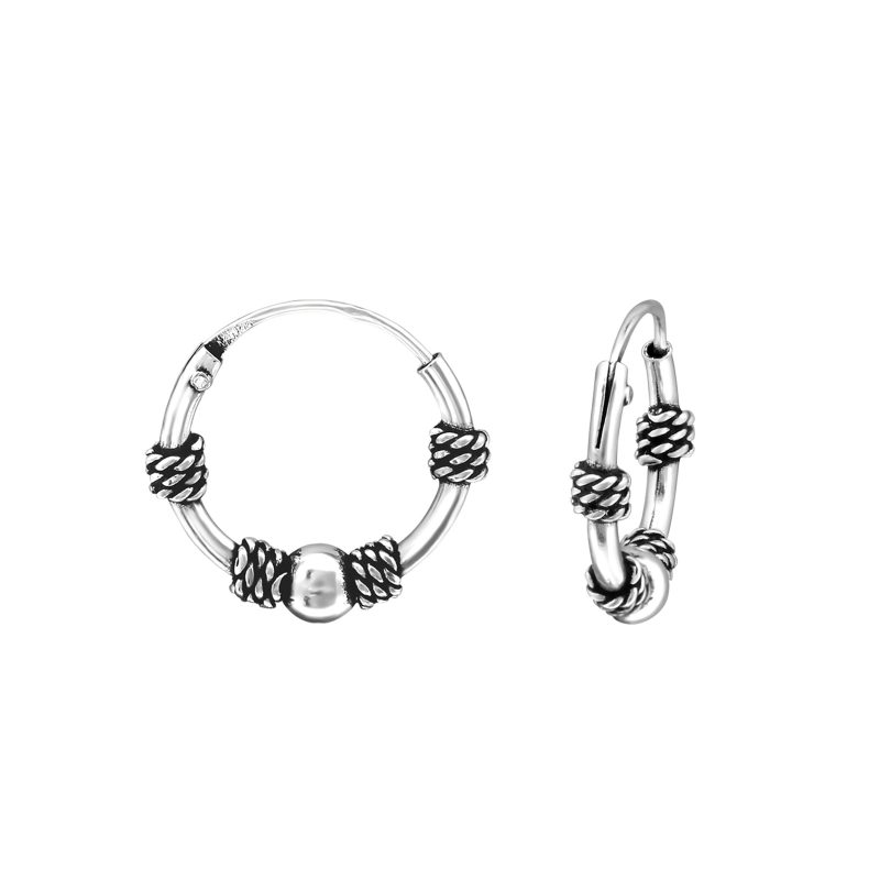 Set of Three 12mm 925 Sterling Silver Bali Ethnic Hoop Earrings - Image 2