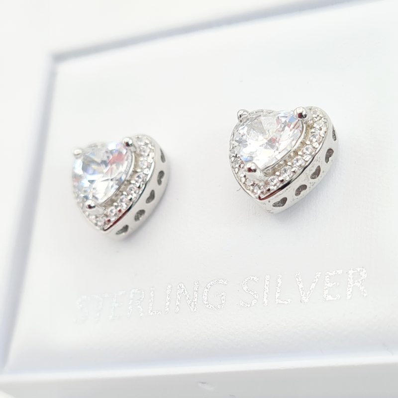 925 Sterling Silver Elevated Cubic Zirconia Heart Stud Earrings - Image 2