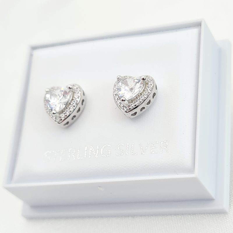 925 Sterling Silver Elevated Cubic Zirconia Heart Stud Earrings - Image 3