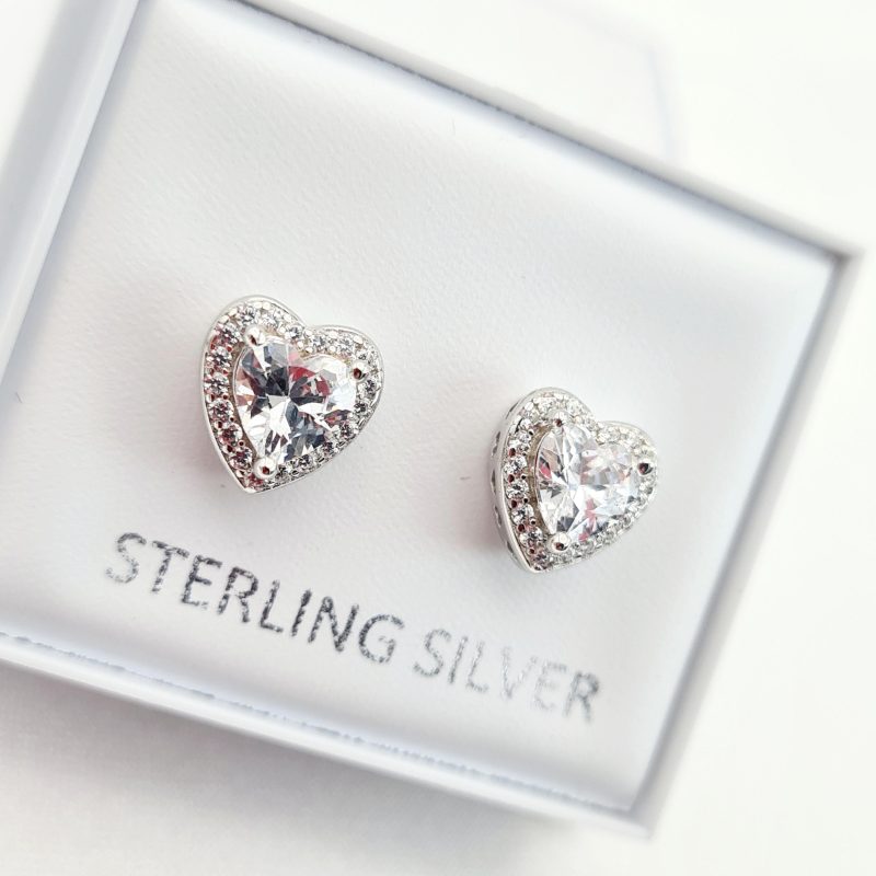 925 Sterling Silver Elevated Cubic Zirconia Heart Stud Earrings - Image 4