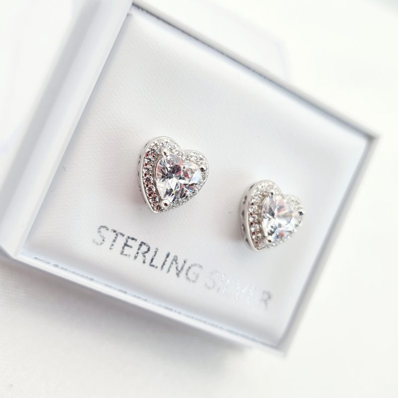 925 Sterling Silver Elevated Cubic Zirconia Heart Stud Earrings - Image 5