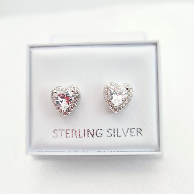 925 Sterling Silver Elevated Cubic Zirconia Heart Stud Earrings - Image 6